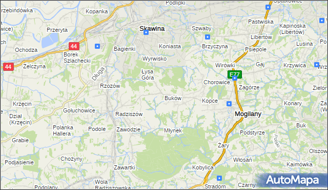 mapa Buków gmina Mogilany, Buków gmina Mogilany na mapie Targeo