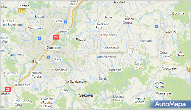 mapa Dominikowice gmina Gorlice, Dominikowice gmina Gorlice na mapie Targeo