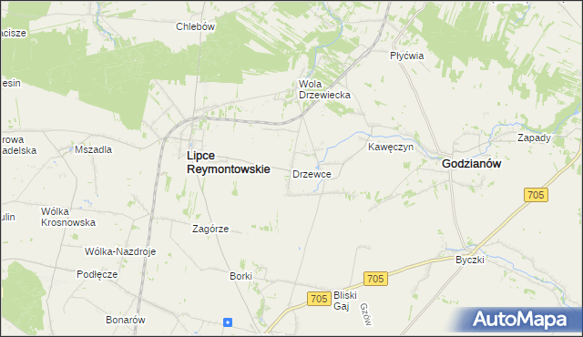 mapa Drzewce gmina Lipce Reymontowskie, Drzewce gmina Lipce Reymontowskie na mapie Targeo