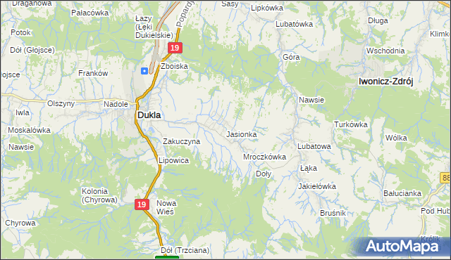 mapa Jasionka gmina Dukla, Jasionka gmina Dukla na mapie Targeo