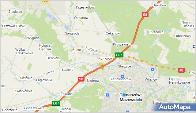 mapa Komorów gmina Tomaszów Mazowiecki, Komorów gmina Tomaszów Mazowiecki na mapie Targeo