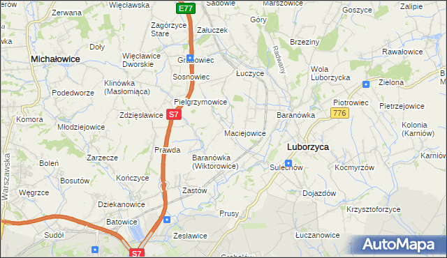 mapa Maciejowice gmina Kocmyrzów-Luborzyca, Maciejowice gmina Kocmyrzów-Luborzyca na mapie Targeo