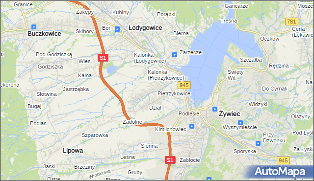 mapa Pietrzykowice gmina Łodygowice, Pietrzykowice gmina Łodygowice na mapie Targeo
