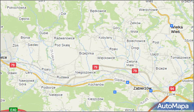 mapa Więckowice gmina Zabierzów, Więckowice gmina Zabierzów na mapie Targeo