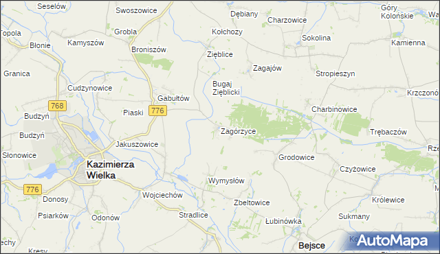 mapa Zagórzyce gmina Kazimierza Wielka, Zagórzyce gmina Kazimierza Wielka na mapie Targeo