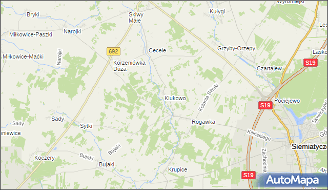 mapa Klukowo gmina Siemiatycze, Klukowo gmina Siemiatycze na mapie Targeo