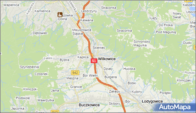 mapa Wilkowice powiat bielski, Wilkowice powiat bielski na mapie Targeo