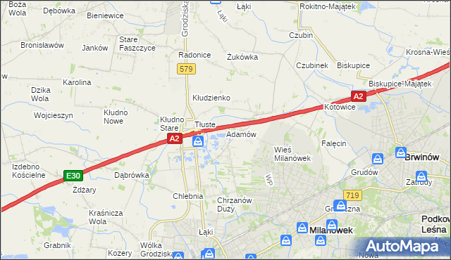 mapa Adamów gmina Grodzisk Mazowiecki, Adamów gmina Grodzisk Mazowiecki na mapie Targeo