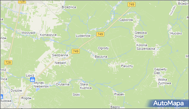 mapa Baczyna gmina Końskie, Baczyna gmina Końskie na mapie Targeo