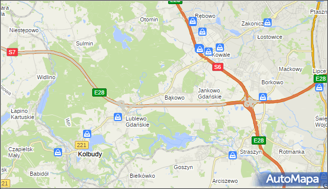 mapa Bąkowo gmina Kolbudy, Bąkowo gmina Kolbudy na mapie Targeo