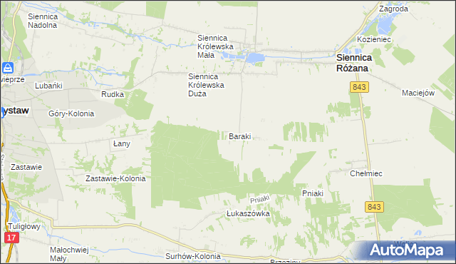 mapa Baraki gmina Siennica Różana, Baraki gmina Siennica Różana na mapie Targeo