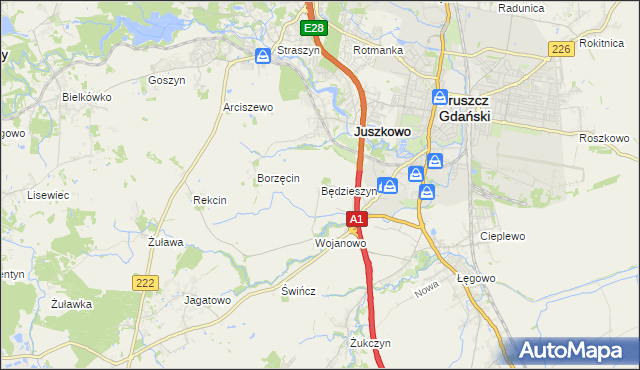 mapa Będzieszyn gmina Pruszcz Gdański, Będzieszyn gmina Pruszcz Gdański na mapie Targeo