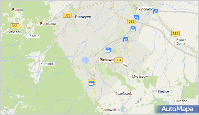 mapa Bielawa powiat dzierżoniowski, Bielawa powiat dzierżoniowski na mapie Targeo