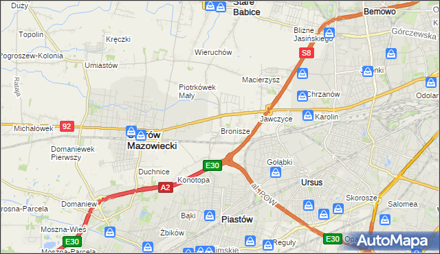 mapa Bronisze gmina Ożarów Mazowiecki, Bronisze gmina Ożarów Mazowiecki na mapie Targeo
