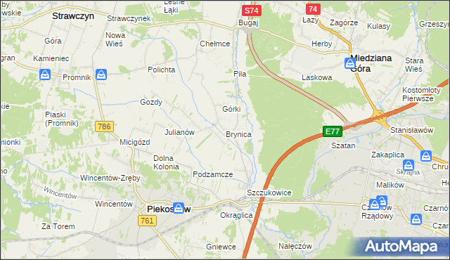 mapa Brynica gmina Piekoszów, Brynica gmina Piekoszów na mapie Targeo
