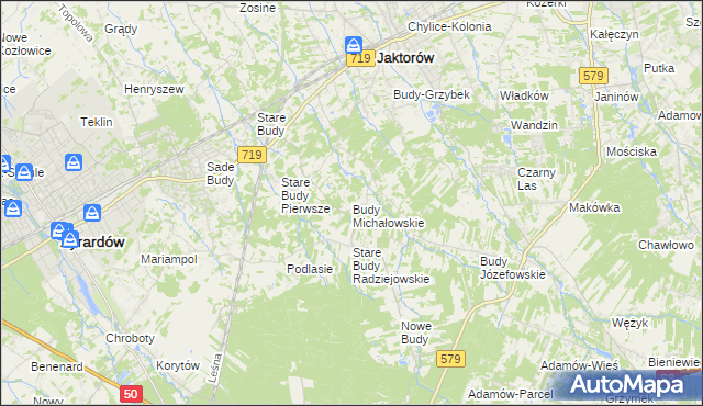 mapa Budy Michałowskie gmina Jaktorów, Budy Michałowskie gmina Jaktorów na mapie Targeo