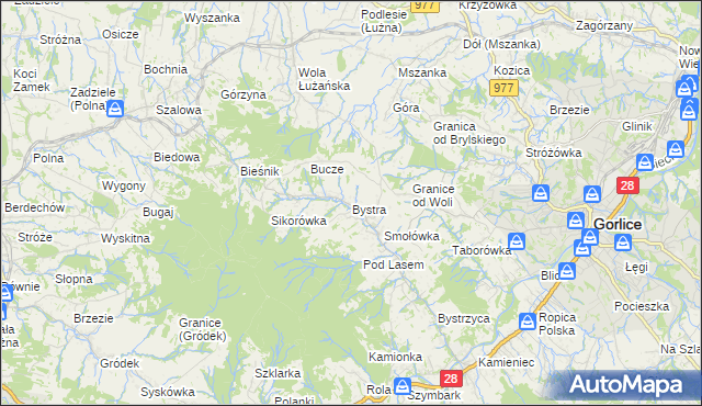 mapa Bystra gmina Gorlice, Bystra gmina Gorlice na mapie Targeo