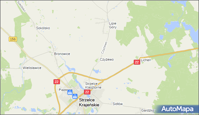 mapa Czyżewo gmina Strzelce Krajeńskie, Czyżewo gmina Strzelce Krajeńskie na mapie Targeo