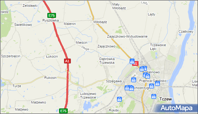 mapa Dąbrówka Tczewska, Dąbrówka Tczewska na mapie Targeo