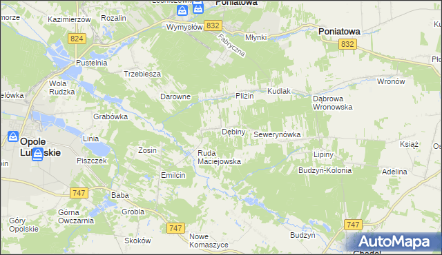 mapa Dębiny gmina Opole Lubelskie, Dębiny gmina Opole Lubelskie na mapie Targeo