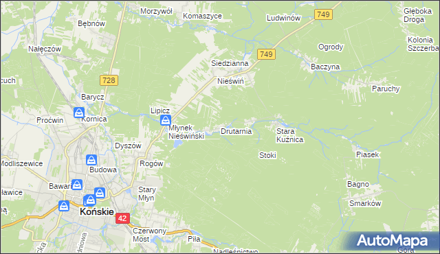 mapa Drutarnia gmina Końskie, Drutarnia gmina Końskie na mapie Targeo
