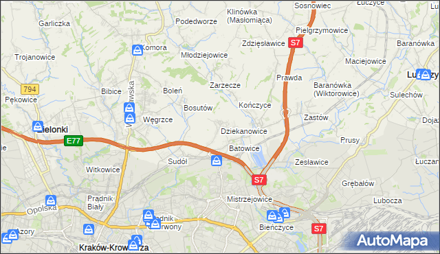 mapa Dziekanowice gmina Zielonki, Dziekanowice gmina Zielonki na mapie Targeo