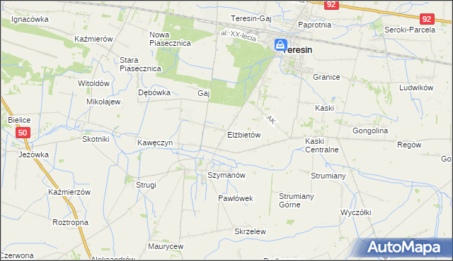 mapa Elżbietów gmina Teresin, Elżbietów gmina Teresin na mapie Targeo