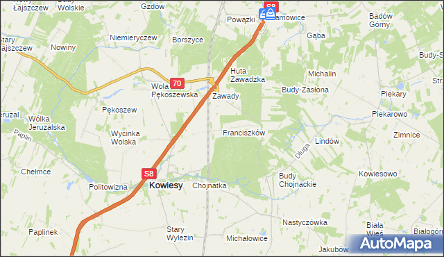 mapa Franciszków gmina Kowiesy, Franciszków gmina Kowiesy na mapie Targeo