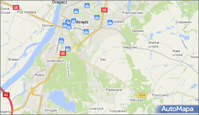 mapa Gać gmina Grudziądz, Gać gmina Grudziądz na mapie Targeo