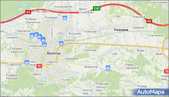 mapa Gorzków gmina Bochnia, Gorzków gmina Bochnia na mapie Targeo