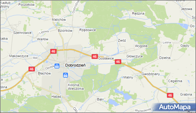 mapa Gosławice gmina Dobrodzień, Gosławice gmina Dobrodzień na mapie Targeo