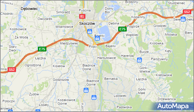 mapa Harbutowice gmina Skoczów, Harbutowice gmina Skoczów na mapie Targeo