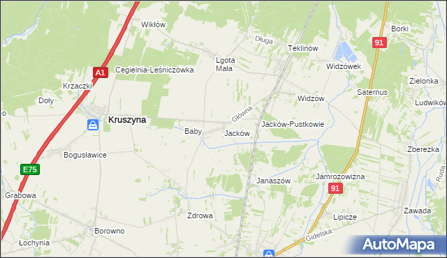 mapa Jacków gmina Kruszyna, Jacków gmina Kruszyna na mapie Targeo
