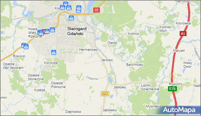 mapa Janowo gmina Starogard Gdański, Janowo gmina Starogard Gdański na mapie Targeo