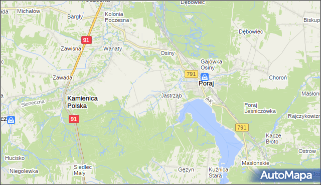 mapa Jastrząb gmina Poraj, Jastrząb gmina Poraj na mapie Targeo