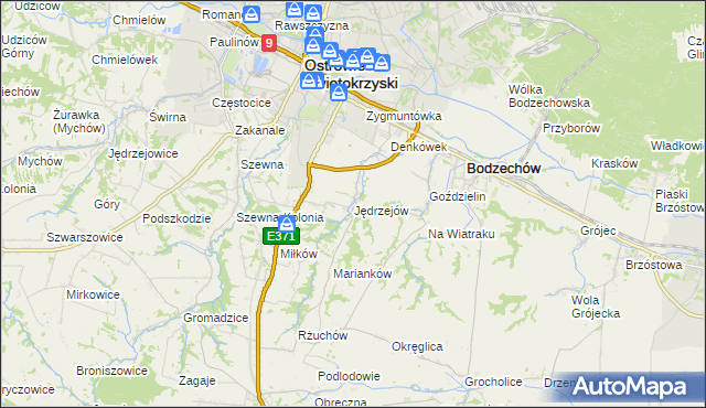 mapa Jędrzejów gmina Bodzechów, Jędrzejów gmina Bodzechów na mapie Targeo