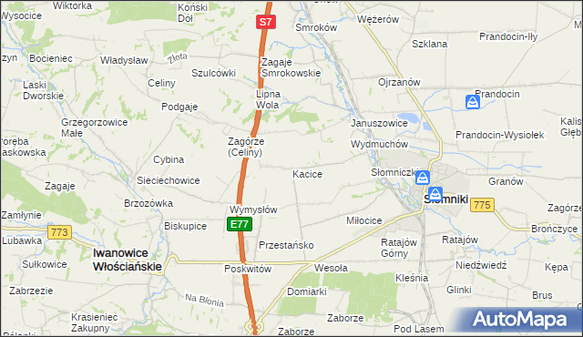 mapa Kacice gmina Słomniki, Kacice gmina Słomniki na mapie Targeo