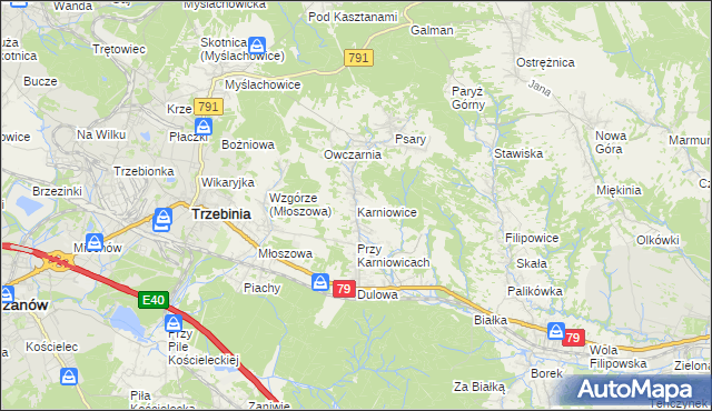mapa Karniowice gmina Trzebinia, Karniowice gmina Trzebinia na mapie Targeo