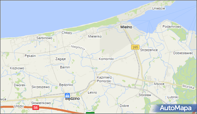 mapa Komorniki gmina Mielno, Komorniki gmina Mielno na mapie Targeo