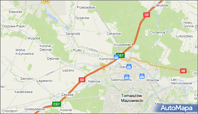 mapa Komorów gmina Tomaszów Mazowiecki, Komorów gmina Tomaszów Mazowiecki na mapie Targeo