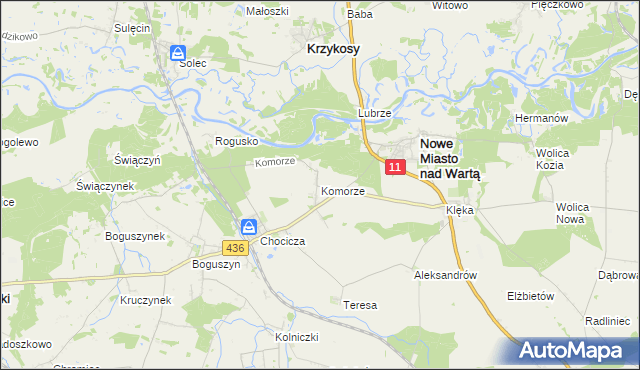 mapa Komorze gmina Nowe Miasto nad Wartą, Komorze gmina Nowe Miasto nad Wartą na mapie Targeo