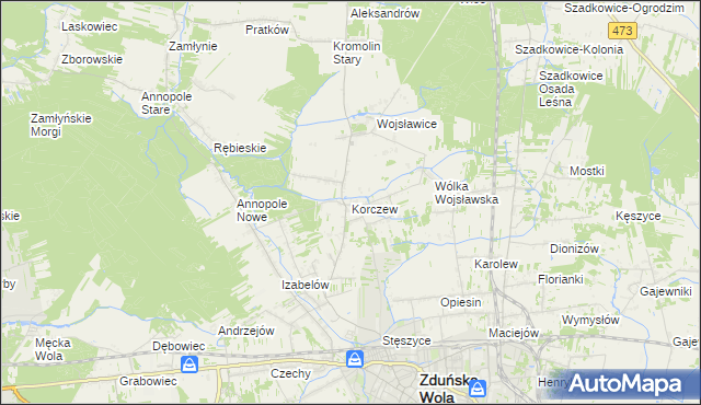 mapa Korczew gmina Zduńska Wola, Korczew gmina Zduńska Wola na mapie Targeo