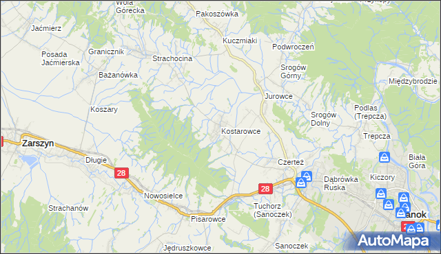 mapa Kostarowce, Kostarowce na mapie Targeo