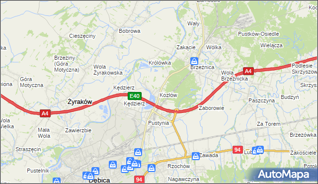 mapa Kozłów gmina Dębica, Kozłów gmina Dębica na mapie Targeo