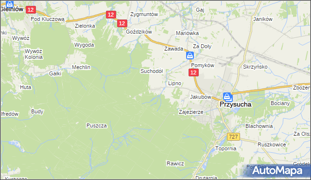 mapa Kozłowiec gmina Przysucha, Kozłowiec gmina Przysucha na mapie Targeo