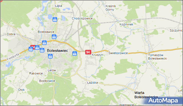 mapa Kruszyn gmina Bolesławiec, Kruszyn gmina Bolesławiec na mapie Targeo