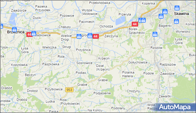 mapa Krzęcin gmina Skawina, Krzęcin gmina Skawina na mapie Targeo