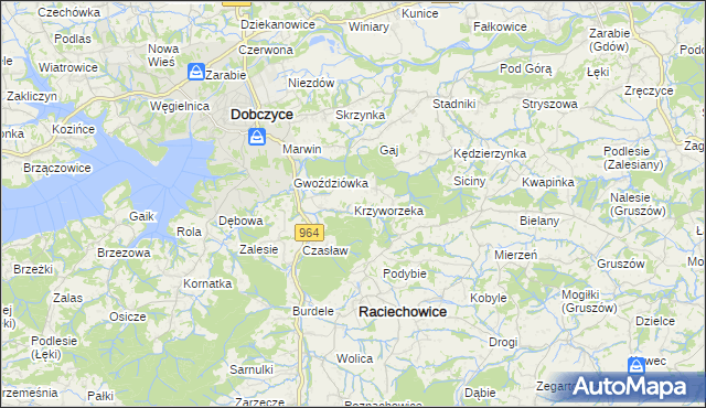 mapa Krzyworzeka gmina Raciechowice, Krzyworzeka gmina Raciechowice na mapie Targeo