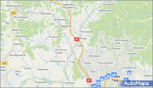 mapa Lasek gmina Nowy Targ, Lasek gmina Nowy Targ na mapie Targeo