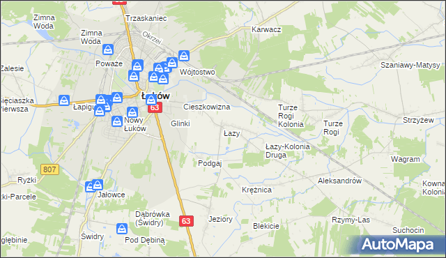 mapa Łazy gmina Łuków, Łazy gmina Łuków na mapie Targeo